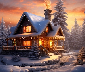 Śnieg, Światła, Zima, Dom, Drzewa, Noc, 2D, Ośnieżone