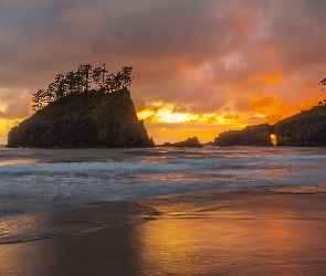 Plaża, Stan Waszyngton, Zachód słońca, Stany Zjednoczone, Park Narodowy Olympic, Drzewa, La Push Beach, Morze, Skały