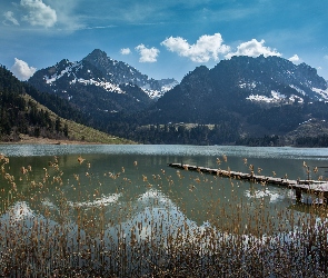 Pomost, Jezioro Schwarzsee, Kanton Fryburg, Szwajcaria, Góry, Alpy