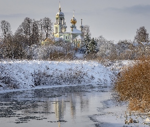 Rosja, Śnieg, Rzeka, Zima, Cerkiew, Drzewa
