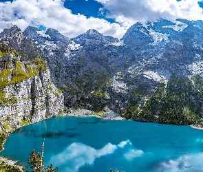 Chmury, Jezioro Oeschinen, Góry, Odbicie, Kanton Berno, Szwajcaria, Alpy Berneńskie
