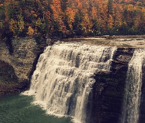 Middle Falls, Drzewa, Wodospad, Las, Nowy Jork, Jesień, Stany Zjednoczone, Letchworth State Park