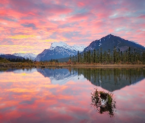 Chmury, Odbicie, Jezioro, Góry, Park Narodowy Banff, Kanada, Vermilion Lakes, Prowincja Alberta, Drzewa, Góra, Mount Rundle