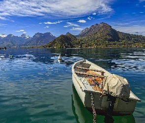 Annecy, Łódka, Alpy, Francja, Domy, Góry, Jezioro Annecy