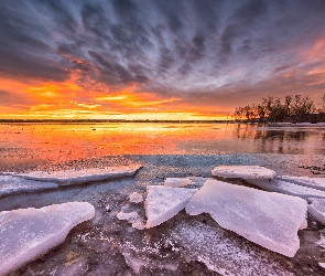 Zima, Lake Chatfield, Wschód słońca, Jezioro, Kolorado, Lód, Stany Zjednoczone, Park stanowy Chatfield