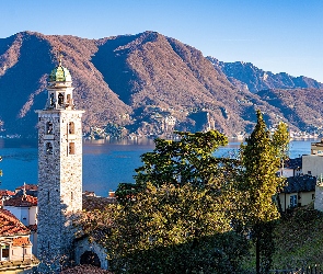 Domy, Wieża, Szwajcaria, Alpy, Kościół, Drzewa, Kanton Ticino, Katedra Świętego Wawrzyńca, Jezioro Lugano, Lugano, Góra