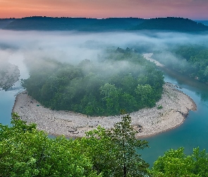 Stany Zjednoczone, Gilbert, Mgła, Stan Arkansas, Zakole, Buffalo River, Meander, Drzewa, Rzeka, Lasy