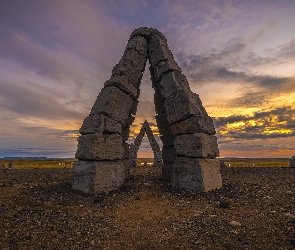 Raufarhofn, Arctic Henge, Zachód słońca, Islandia, Pomnik, Głazy, Łuk skalny