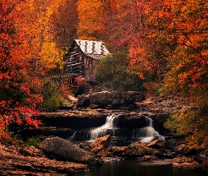 New River Gorge, Skały, Jesień, Drzewa, Park Babcock State, Stany Zjednoczone, Młyn, Wirginia Zachodnia, Rzeka, Glade Creek Grist Mill, Las