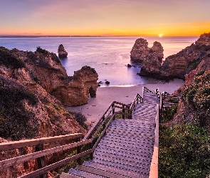 Portugalia, Camilo Beach, Plaża, Lagos, Schody, Skały, Wschód słońca, Wybrzeże, Morze, Algarve
