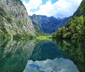 Bawaria, Park Narodowy Berchtesgaden, Jezioro Obersee, Niemcy, Drzewa, Góry, Odbicie