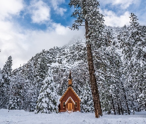 Stany Zjednoczone, Park Narodowy Yosemite, Chmury, Stan Kalifornia, Kaplica, Drzewa, Kościółek, Las, Zima, Śnieg