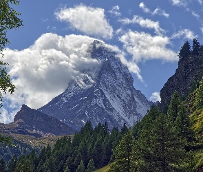 Szwajcaria, Drzewa, Alpy Pennińskie, Góry, Szczyt Matterhorn, Chmury