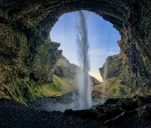 Islandia, Wodospad Kvernufoss, Skały, Jaskinia