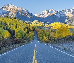 Droga, Drzewa, San Juan Mountains, Jesień, Telluride, Kolorado, Ośnieżone, Szczyty, Stany Zjednoczone, Góry