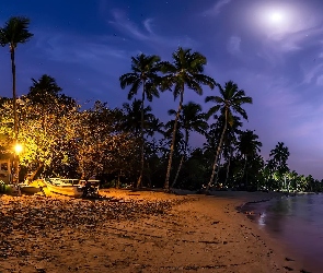 Morze, Gmina Samana, Światła, Dominikana, Las Terreras, Noc, Plaża, Palmy, Łódki