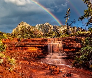 Kaktusy, Drzewa, Góra, Skały, Sedona, Stany Zjednoczone, Munds, Arizona, Wodospad, Tęcza, Chmury