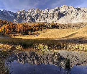 Jesienne, Lac Miroir, Góry, Jezioro, Queyras, Drzewa, Francja, Ceillac