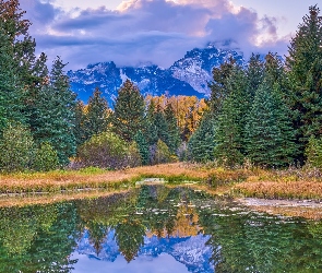 Góry Skaliste, Snake River, Park Narodowy Grand Teton, Rzeka, Stan Wyoming, Drzewa, Stany Zjednoczone, Chmury