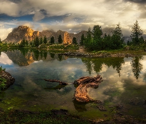 Lago Limides, Jezioro, Góry, Konar, Drzewa, Włochy, Dolomity