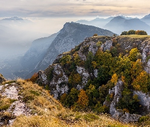 Skały, Drzewa, Kolorowe, Mgła, Góry