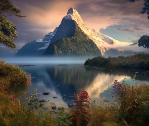 Zatoka Milforda, Park Narodowy Fiordland, Mitre Peak, Nowa Zelandia, Odbicie, Góra, Fiord Milford, Góry, Alpy Południowe