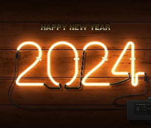 Ściana, 2024, Neon, Deski, Happy New Year, Sylwester, Napis