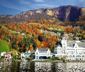 Jesień, Góry, Vitznau, Szwajcaria, Jezioro Czterech Kantonów, Hotel Park Vitznau
