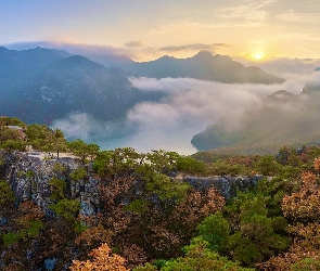 Góry, Skały, Korea Południowa, Jesień, Wschód słońca, Oksunbong, Drzewa, Mgła