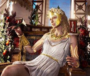 Blondynka, Assassins Creed Odyssey, Gra, Kwiaty, Kobieta