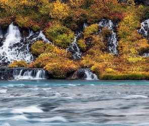 Wodospad, Roślinność, Jesień, Hraunfossar, Islandia