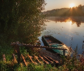 Rośliny, Drzewa, Rzeka, Promienie słońca, Łódka, Pomost