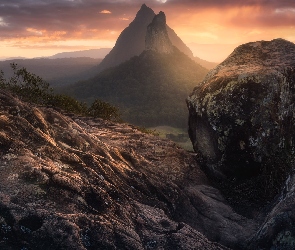 Mount Ngungun, Góra, Queensland, Zachód słońca, Glass House Mountains, Australia, Góry