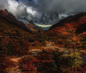 Park Narodowy Los Glaciares, Szczyt, Góry, Fitz Roy, Góry, Patagonia, Chmury, Drzewa, Argentyna, Jesień