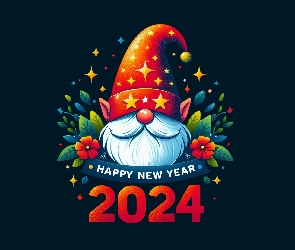 Nowy Rok, Czarne, Głowa, Tło, Mikołaj, Gwiazdki, 2024, Życzenia, Kwiaty