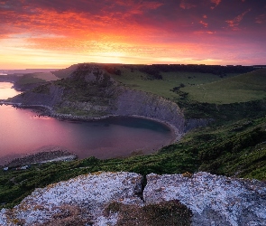 Anglia, Zachód słońca, Chapmans Pool, Morze, Wybrzeże Jurajskie, Klif