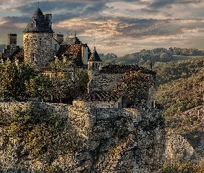 Francja, Belcastel, Mur, Góry, Drzewa, Zamek Belcastel