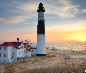 Michigan, Michigan Lake, Stany Zjednoczone, Jezioro, Big Sable Point, Ludington, Zachód słońca, Latarnia morska