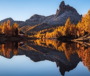 Włochy, Drzewa, Pożółkłe, Cortina dAmpezzo, Dolomity, Góry, Jezioro, Lago Federa, Jesień, Las