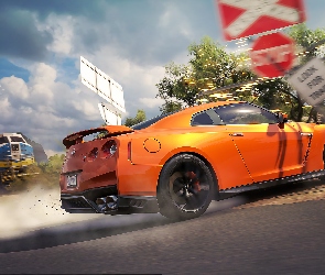 Gra, Tory, Ulica, Przejazd, Lokomotywa, Pomarańczowy, Forza Horizon 3, Samochód, Nissan GT-R