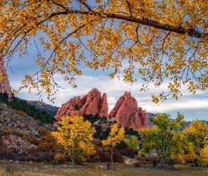 Drzewa, Skały, Kolorado, Jesień, Góry, Stany Zjednoczone, Garden of the Gods