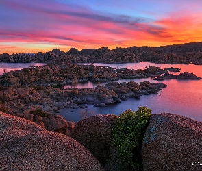 Arizona, Prescott, Skały, Stany Zjednoczone, Watson Lake, Wschód słońca, Jezioro