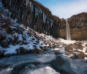Kamienie, Skały, Skaftafell, Islandia, Śnieg, Park Narodowy Vatnajokull, Wodospad Svartifoss