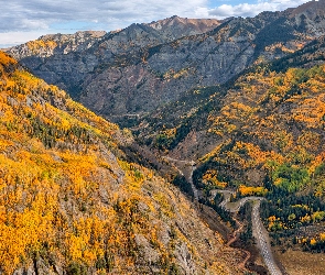 Góry, Droga, Jesień, Dolina, Stan Kolorado, Lasy, Stany Zjednoczone, Million Dollar Highway US 550