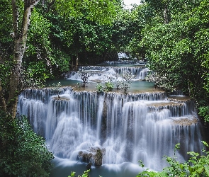 Zieleń, Drzewa, Huai Mae Khamin, Tajlandia, Las, Wodospad, Prowincja Kanchanaburi