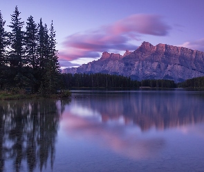 Jezioro, Alberta, Drzewa, Kanada, Odbicie, Park Narodowy Banff, Two Jack Lake, Góry Skaliste, Góra Mount Rundle