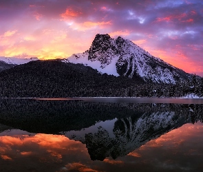 Kanada, Park Narodowy Yoho, Zachód słońca, Kolumbia Brytyjska, Emerald Lake, Jezioro, Las, Drzewa, Góry, Chmury