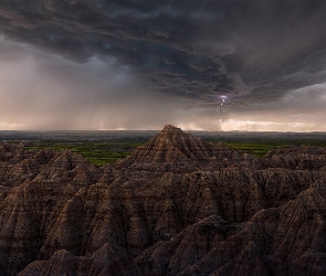 Burza, Chmury, Południowa Dakota, Piorun, Skały, Stany Zjednoczone, Park Narodowy Badlands