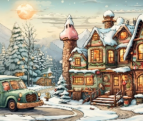 Zima, Samochód, Domy, Grafika, Droga, Oświetlone, Góry, Drzewa, Śnieg