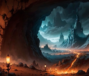 Fantasy, Góry, Oświetlenie, Jaskinia, Lampy, Zamek